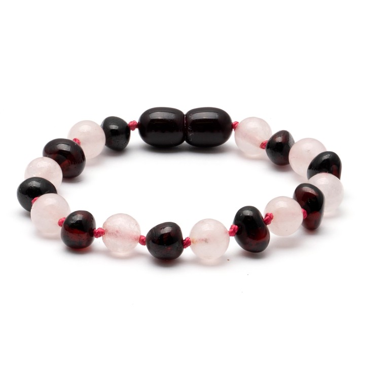Bracelet pour enfant en ambre de la Baltique baroque et quartz rose 1